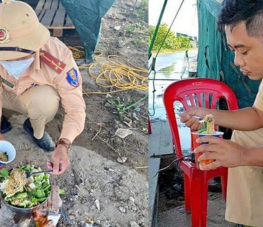 Bát mì trộn toàn rau của chiến sĩ CSGT cùng chiếc bếp tự chế tại chốt khiến nhiều người rưng rưng